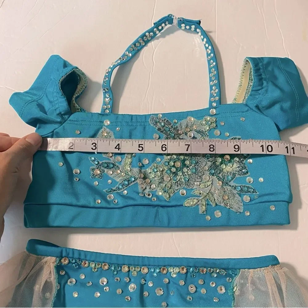 Solo custom dance costume 2 piece teal lyrical  rhinestoned embroidered MC child